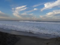 beach9 | Ann Albers Visions of Heaven Beach scene with blue sky and wispy clouds, a long pier extending into the ocean, and waves rolling onto the sandy shore.