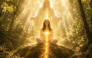 angel-sitbreathereceive-by-annalbers | Ann Albers Visions of Heaven Golden-lit forest scene with a meditating person on a rock, surrounded by an ethereal, angelic figure emitting radiant energy from the chest and hands.