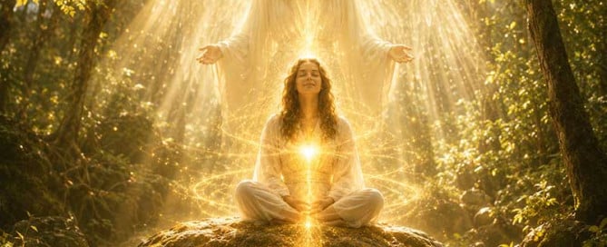 Golden-lit forest scene with a meditating person on a rock, surrounded by an ethereal, angelic figure emitting radiant energy from the chest and hands.