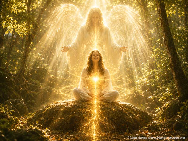 Golden-lit forest scene with a meditating person on a rock, surrounded by an ethereal, angelic figure emitting radiant energy from the chest and hands.